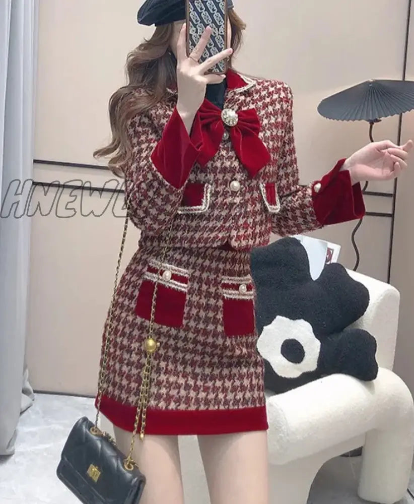 Hnewly Autumn Winter Elegant Tweed Plaid Skirt Sets Women Sweet Chic Pearl Bow Woolen Jackets Mini