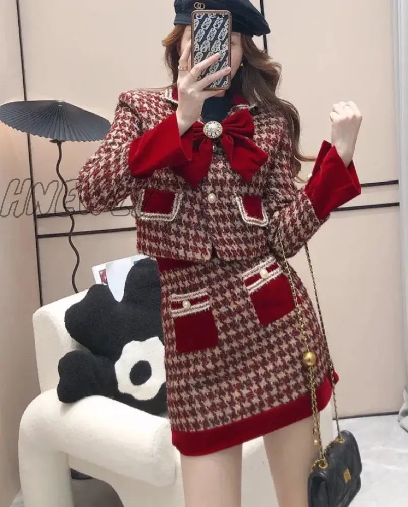 Hnewly Autumn Winter Elegant Tweed Plaid Skirt Sets Women Sweet Chic Pearl Bow Woolen Jackets Mini