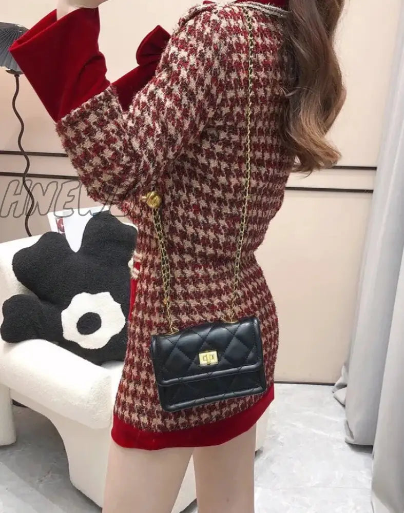 Hnewly Autumn Winter Elegant Tweed Plaid Skirt Sets Women Sweet Chic Pearl Bow Woolen Jackets Mini