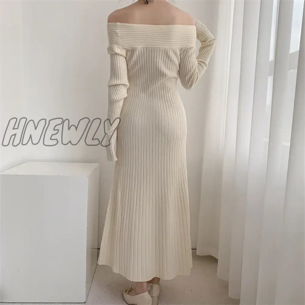 Hnewly Autumn Winter Long Sweater Dress Women Slash Neck Cross Elegant Knitted Dresses Rib Cotton