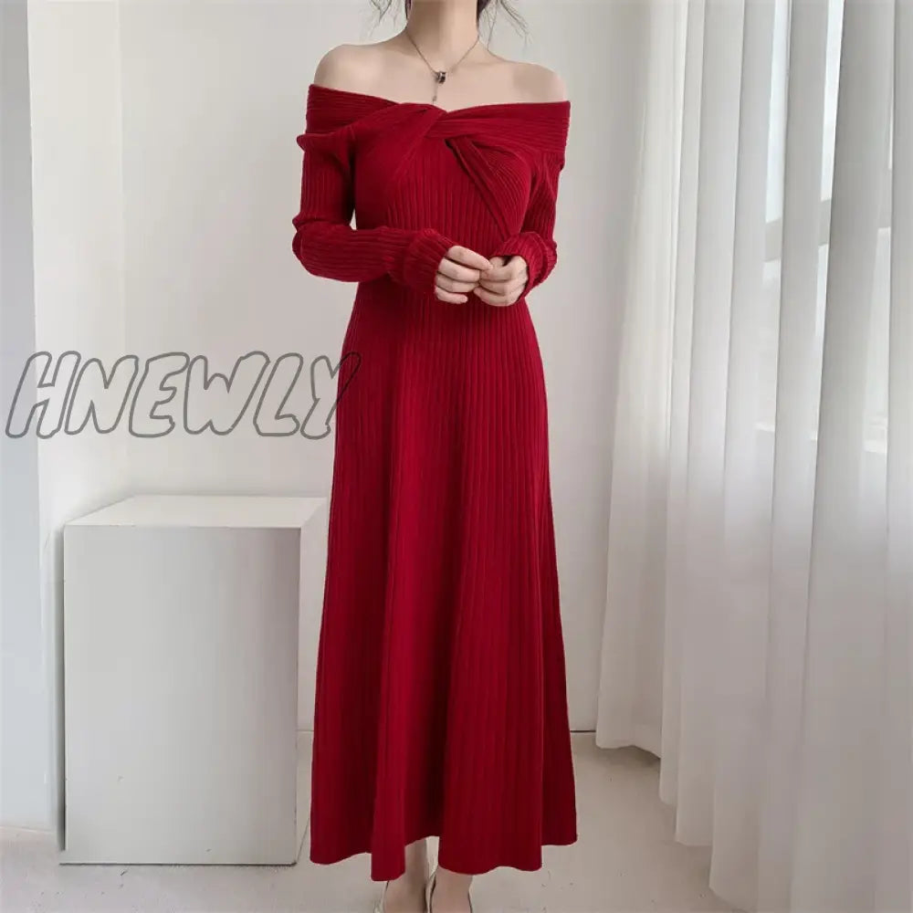 Hnewly Autumn Winter Long Sweater Dress Women Slash Neck Cross Elegant Knitted Dresses Rib Cotton