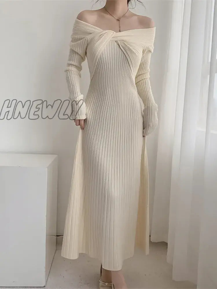 Hnewly Autumn Winter Long Sweater Dress Women Slash Neck Cross Elegant Knitted Dresses Rib Cotton