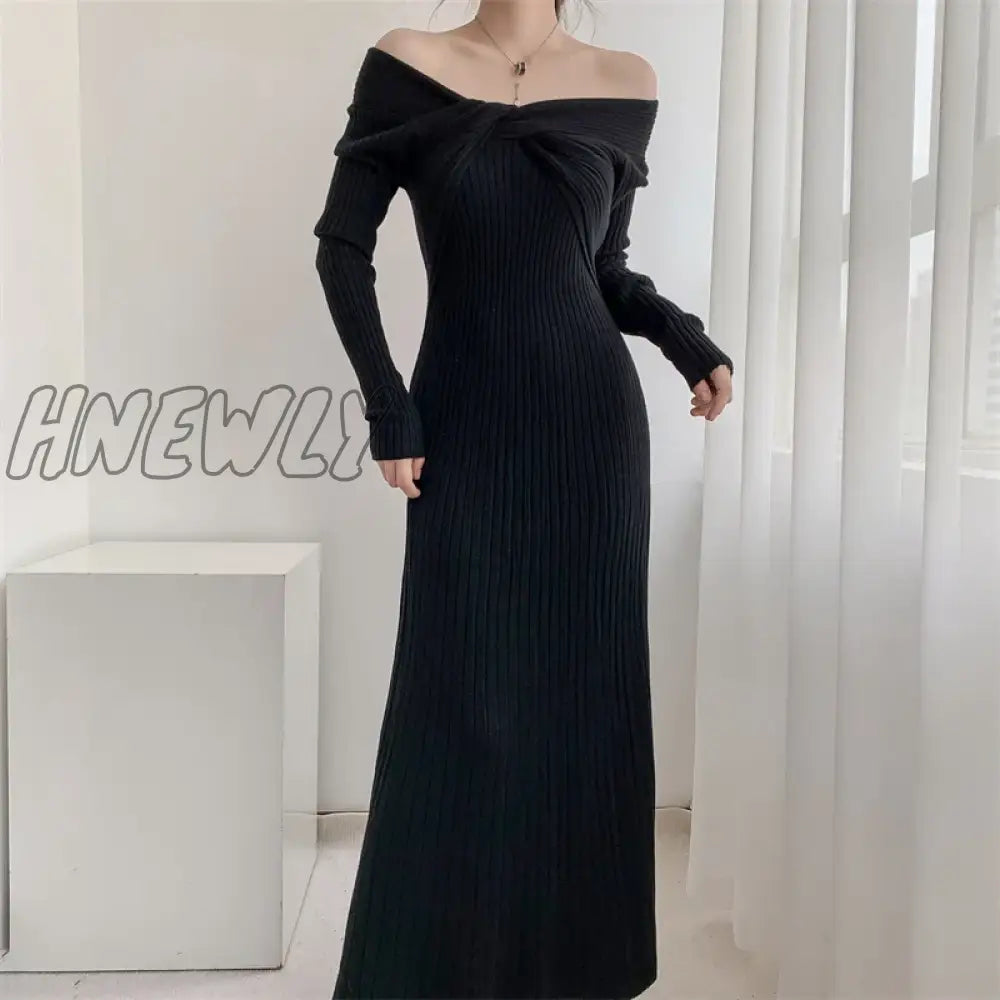 Hnewly Autumn Winter Long Sweater Dress Women Slash Neck Cross Elegant Knitted Dresses Rib Cotton