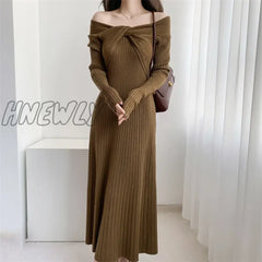 Hnewly Autumn Winter Long Sweater Dress Women Slash Neck Cross Elegant Knitted Dresses Rib Cotton