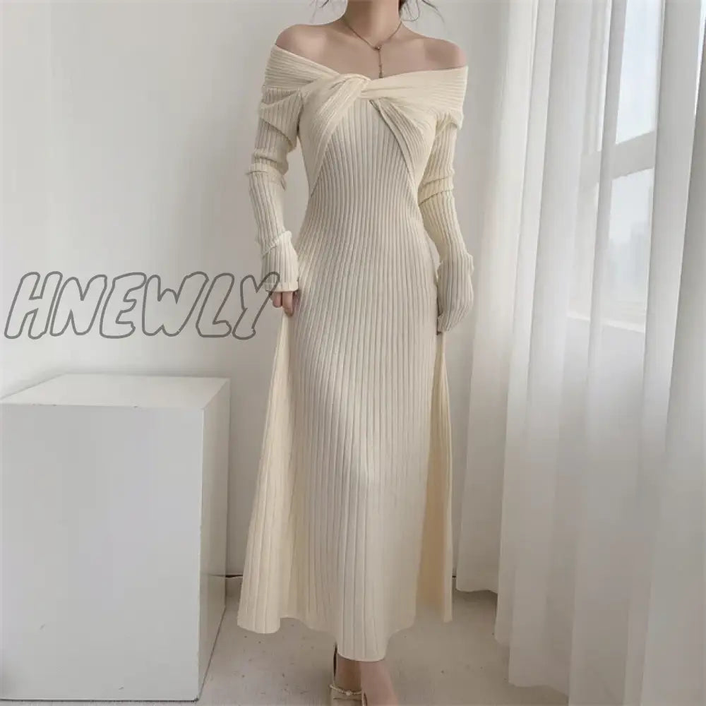 Hnewly Autumn Winter Long Sweater Dress Women Slash Neck Cross Elegant Knitted Dresses Rib Cotton