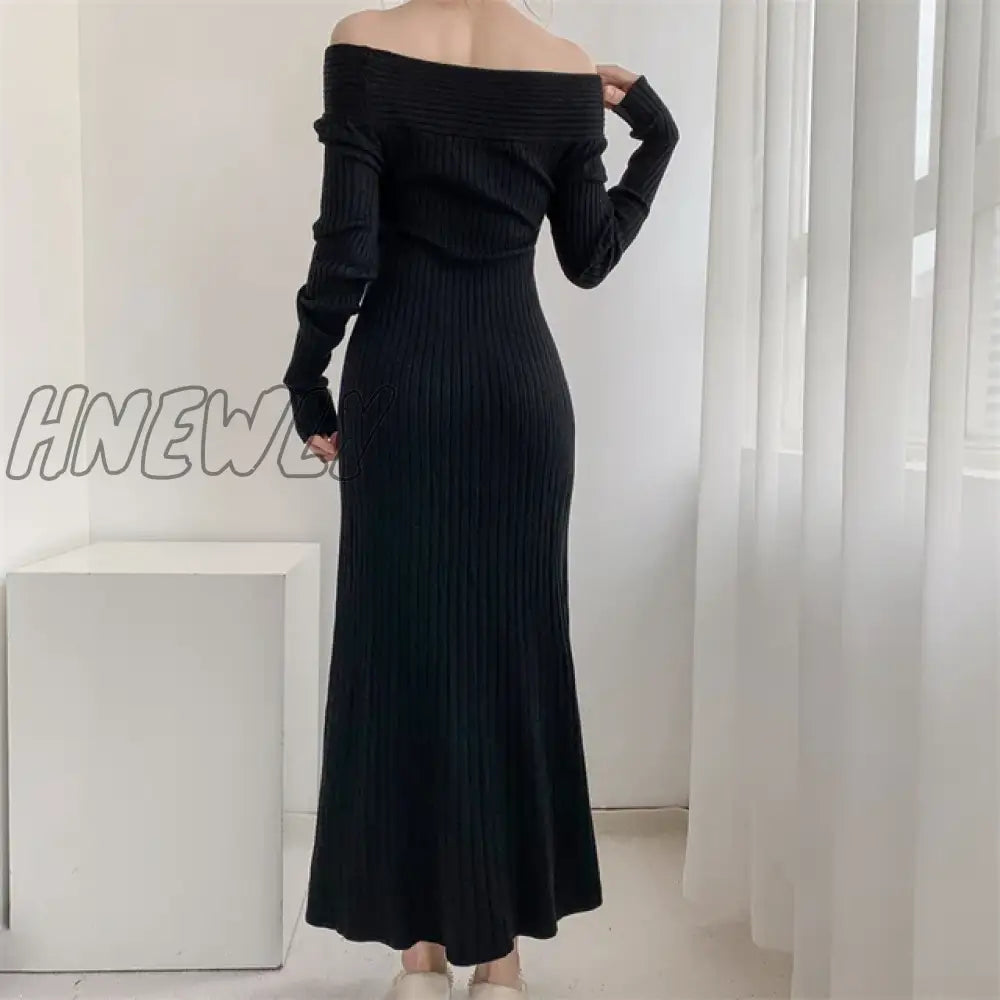 Hnewly Autumn Winter Long Sweater Dress Women Slash Neck Cross Elegant Knitted Dresses Rib Cotton