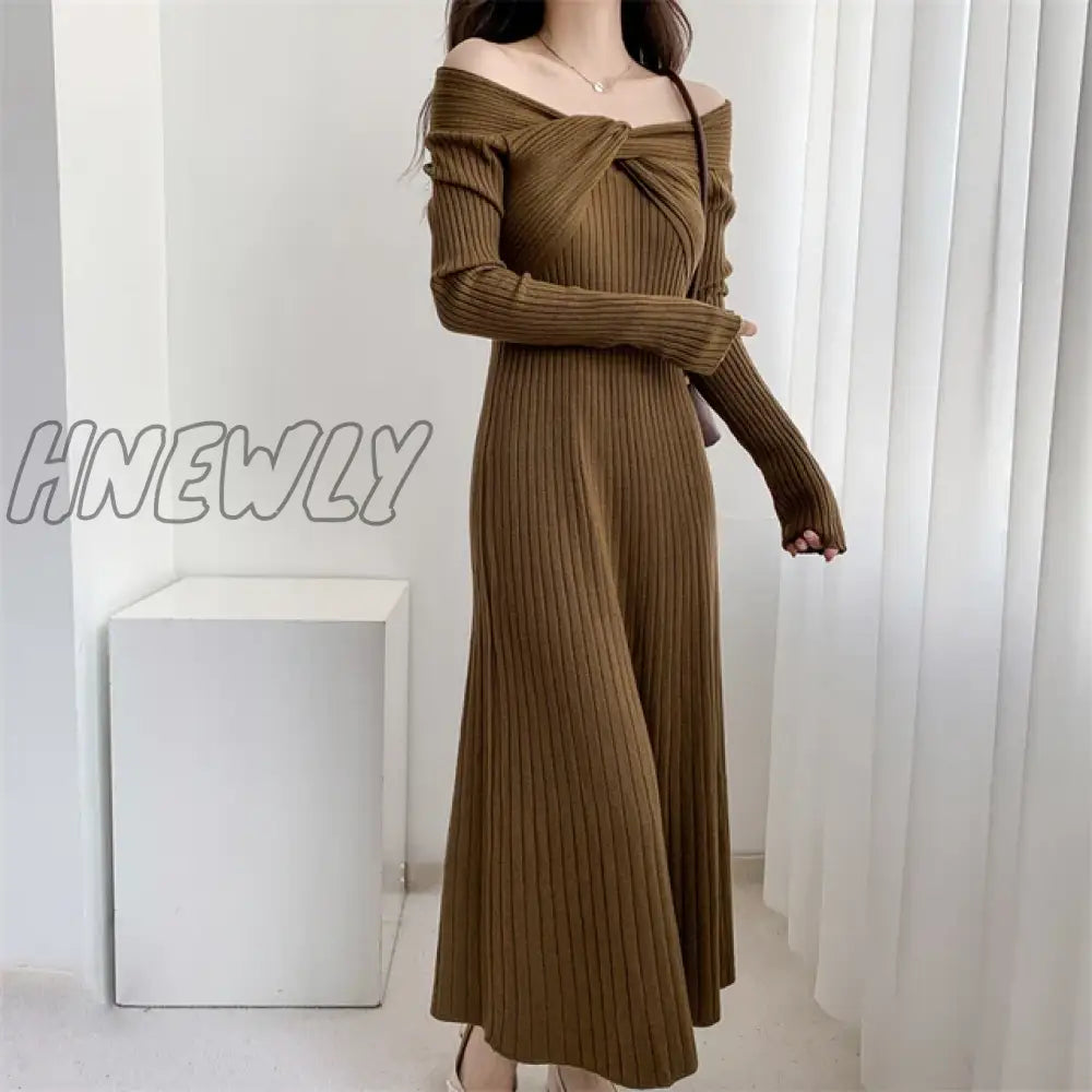 Hnewly Autumn Winter Long Sweater Dress Women Slash Neck Cross Elegant Knitted Dresses Rib Cotton