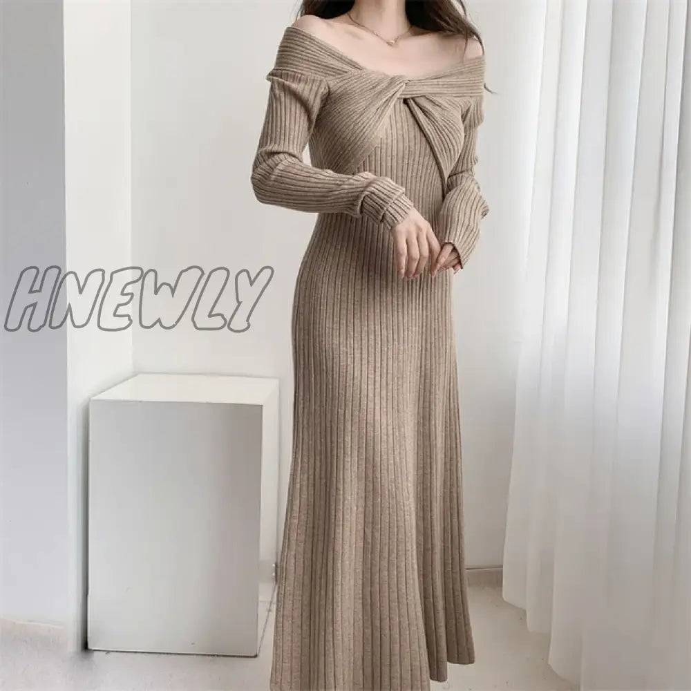 Hnewly Autumn Winter Long Sweater Dress Women Slash Neck Cross Elegant Knitted Dresses Rib Cotton