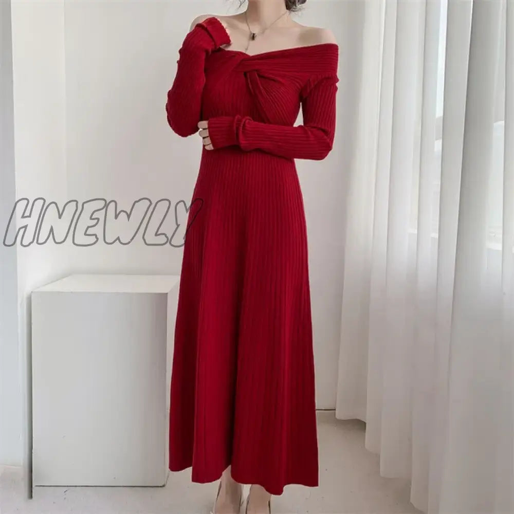 Hnewly Autumn Winter Long Sweater Dress Women Slash Neck Cross Elegant Knitted Dresses Rib Cotton