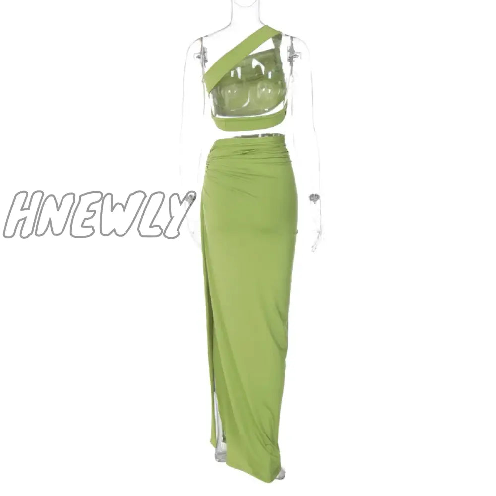 Hnewly Autumn Winter One Shoulder Backless Crop Top Tanks And Long Split Skirt Two Piece Matching