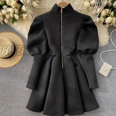 Hnewly Autumn Winter Puff Long Sleeve Dresses For Women Party Christmas Turtleneck Slim A-Line