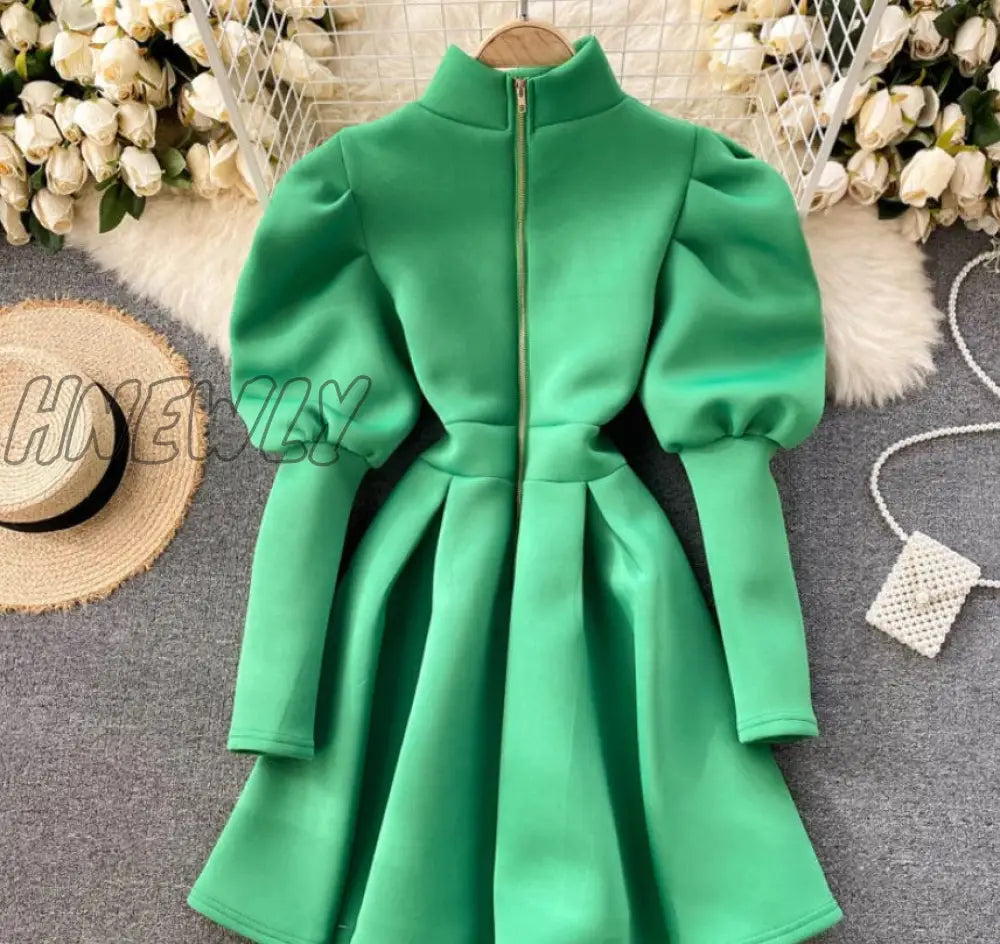 Hnewly Autumn Winter Puff Long Sleeve Dresses For Women Party Christmas Turtleneck Slim A-Line