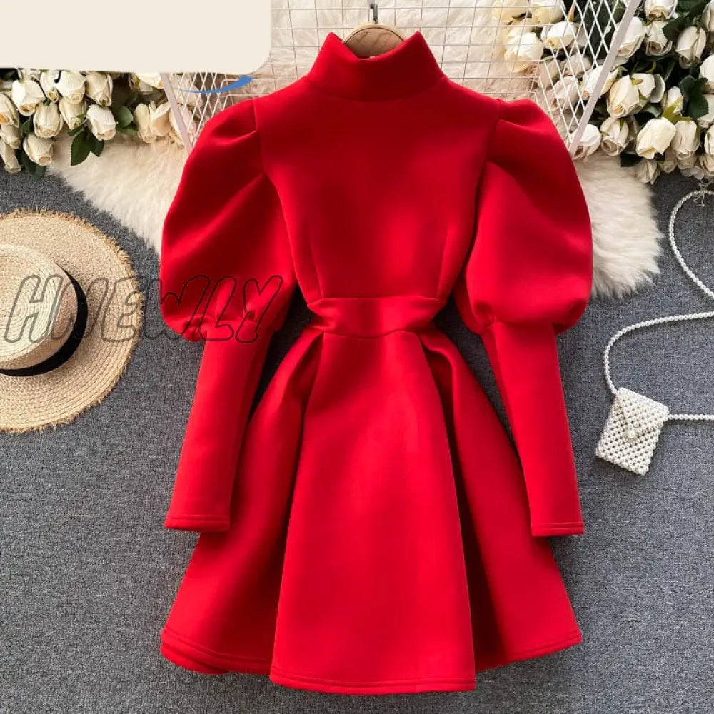 Hnewly Autumn Winter Puff Long Sleeve Dresses For Women Party Christmas Turtleneck Slim A-Line