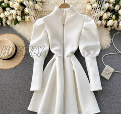 Hnewly Autumn Winter Puff Long Sleeve Dresses For Women Party Christmas Turtleneck Slim A-Line