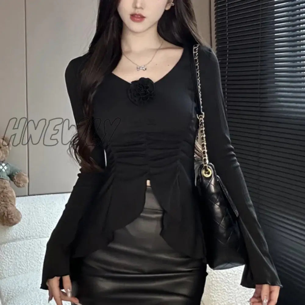 Hnewly Autumn Winter Sexy Fashion V-Neck Irregular Folds T-Shirt Ladies Flare Long Sleeve All-Match