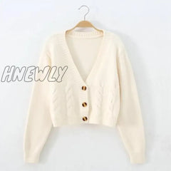 Hnewly Autumn Winter Short High Waist Solid Color Sweater Women Single-Breasted Knit Cardigan Small