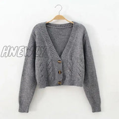 Hnewly Autumn Winter Short High Waist Solid Color Sweater Women Single-Breasted Knit Cardigan Small