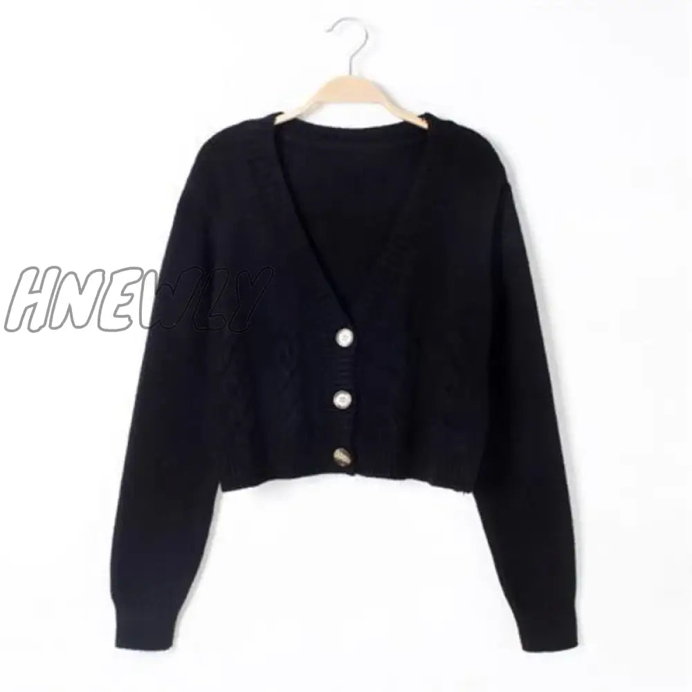 Hnewly Autumn Winter Short High Waist Solid Color Sweater Women Single-Breasted Knit Cardigan Small