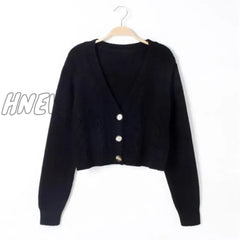 Hnewly Autumn Winter Short High Waist Solid Color Sweater Women Single-Breasted Knit Cardigan Small