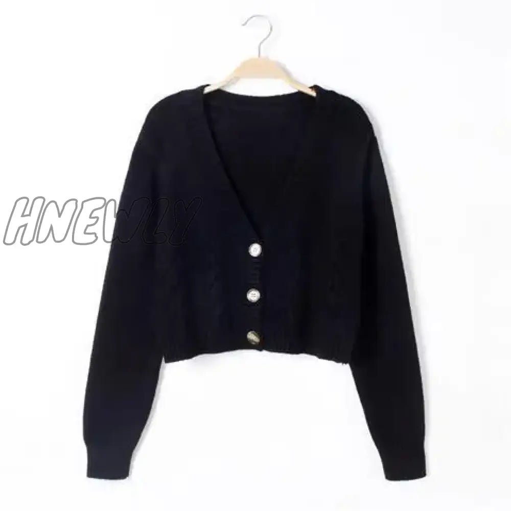 Hnewly Autumn Winter Short High Waist Solid Color Sweater Women Single-Breasted Knit Cardigan Small