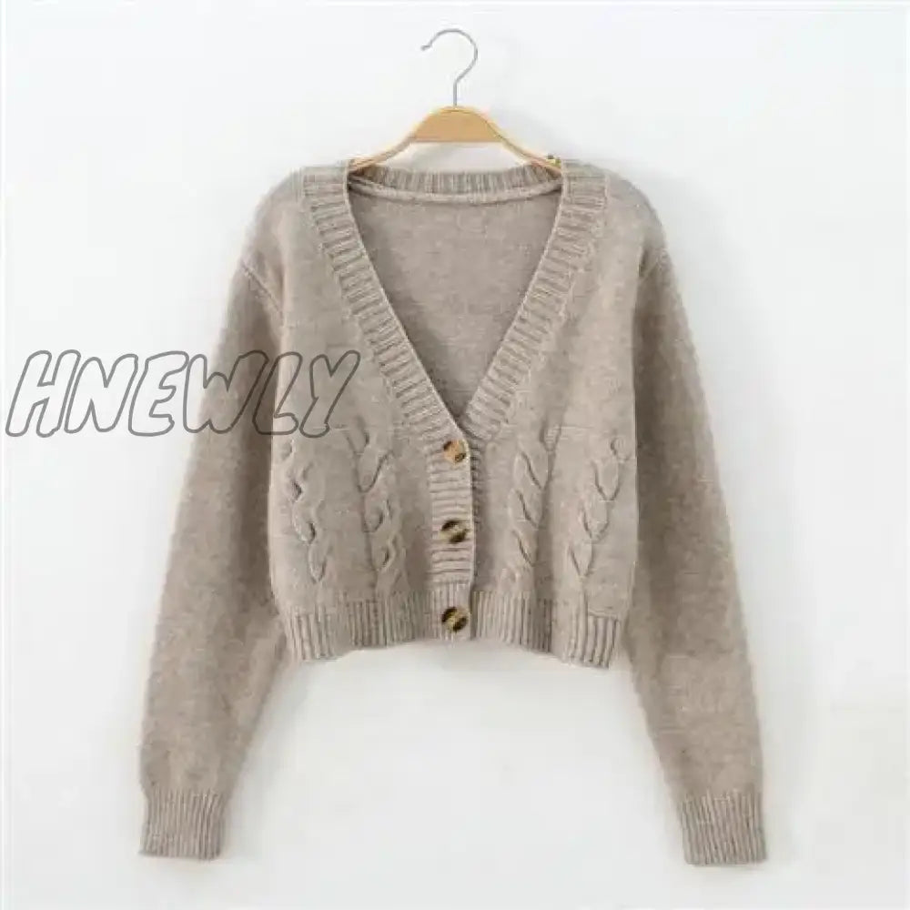 Hnewly Autumn Winter Short High Waist Solid Color Sweater Women Single-Breasted Knit Cardigan Small