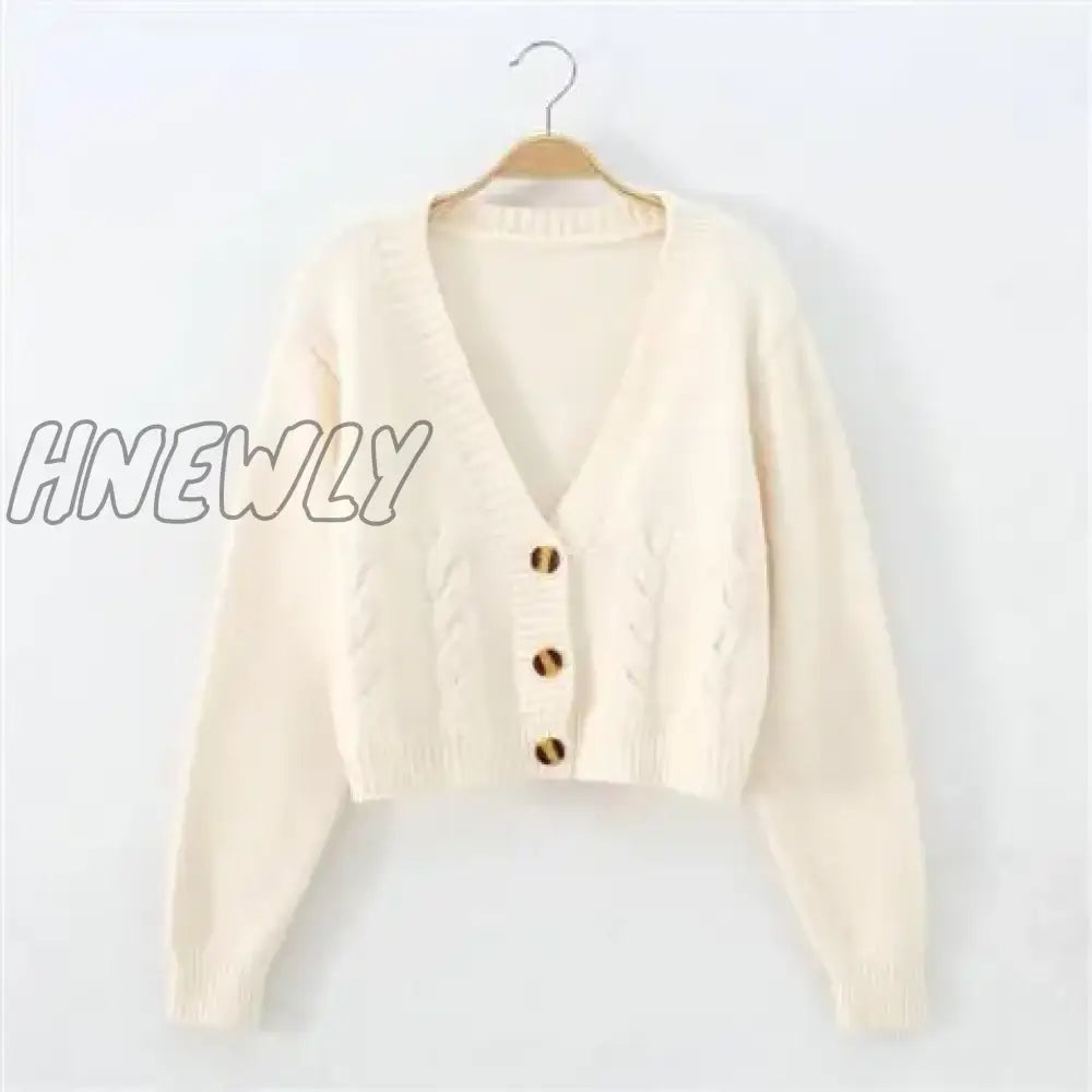 Hnewly Autumn Winter Short High Waist Solid Color Sweater Women Single-Breasted Knit Cardigan Small