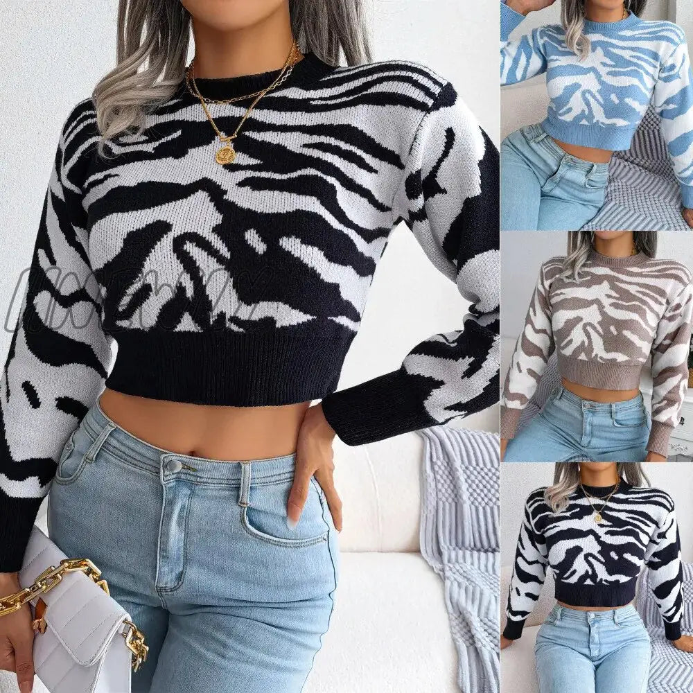 Hnewly Autumn Winter Striped Print Loose Knitted Cropped Sweaters Casual O-Neck Long Sleeve