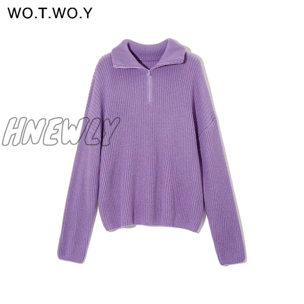 Hnewly Autumn Winter Thickening Knitted Sweater Women Casual Zipper Polo Collar Loose Pullovers