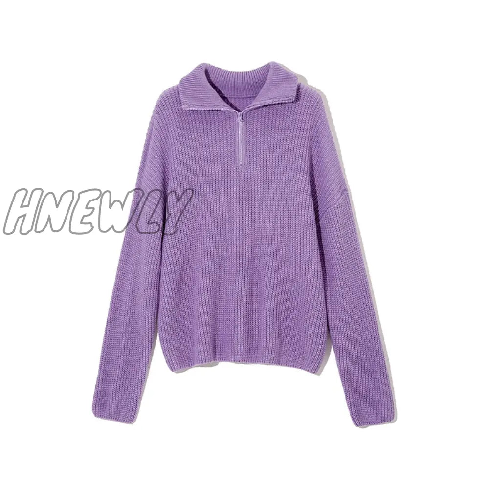 Hnewly Autumn Winter Thickening Knitted Sweater Women Casual Zipper Polo Collar Loose Pullovers