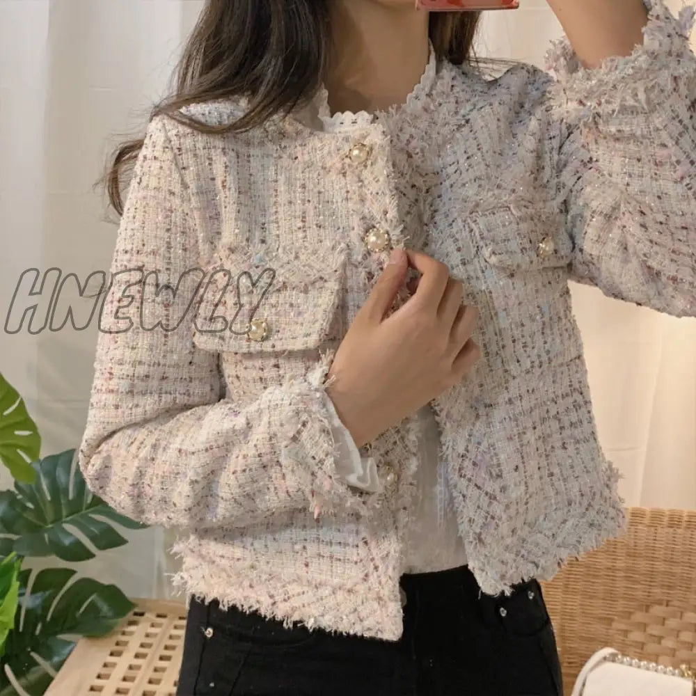 Hnewly Autumn Winter Tweed Jackets Women O - Neck Long Sleeve Loose Wool Coat Single Breasted