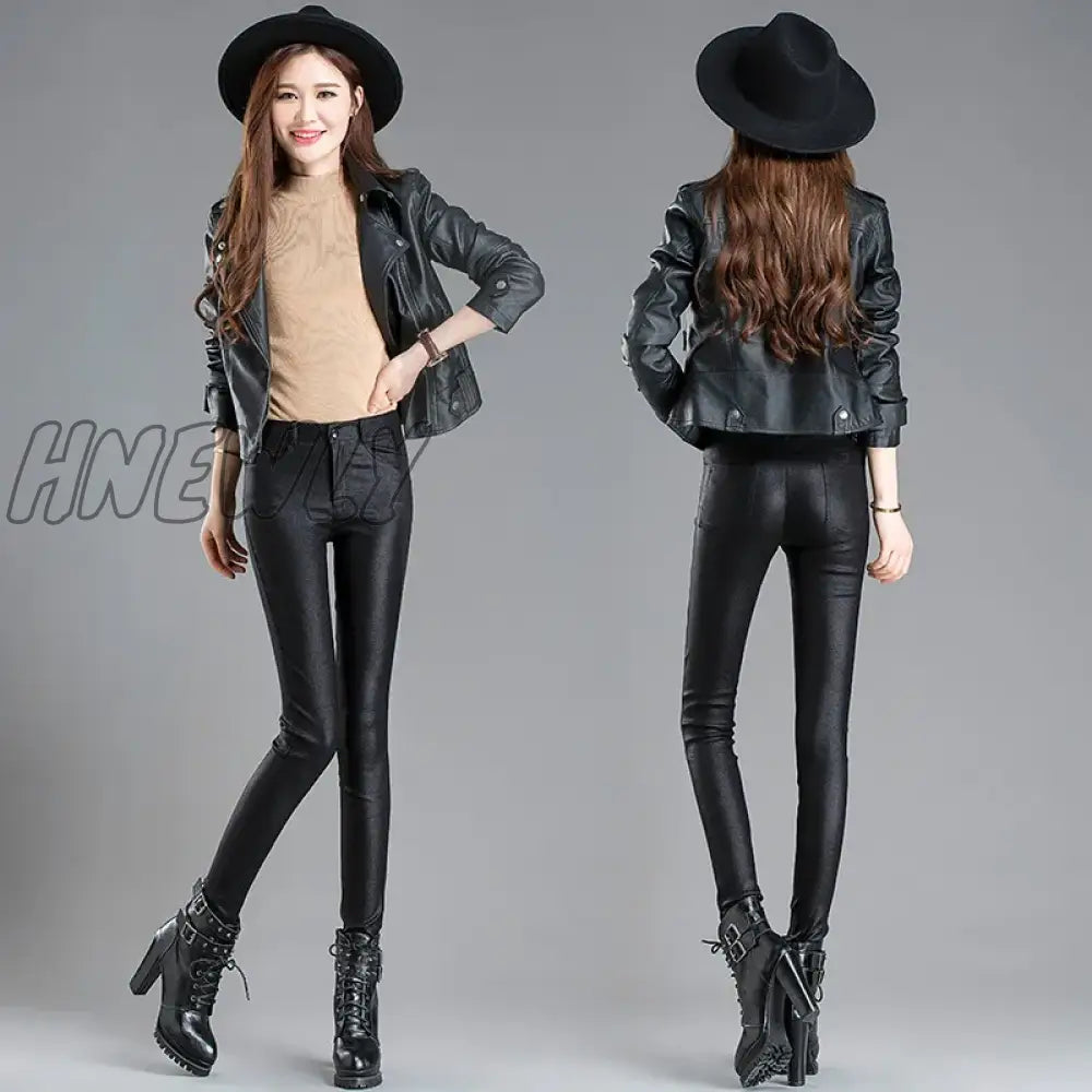 Hnewly Autumn Winter Warm Women’s Pants Female Pu Leather Velvet Trousers Elastic Pencil Skinny