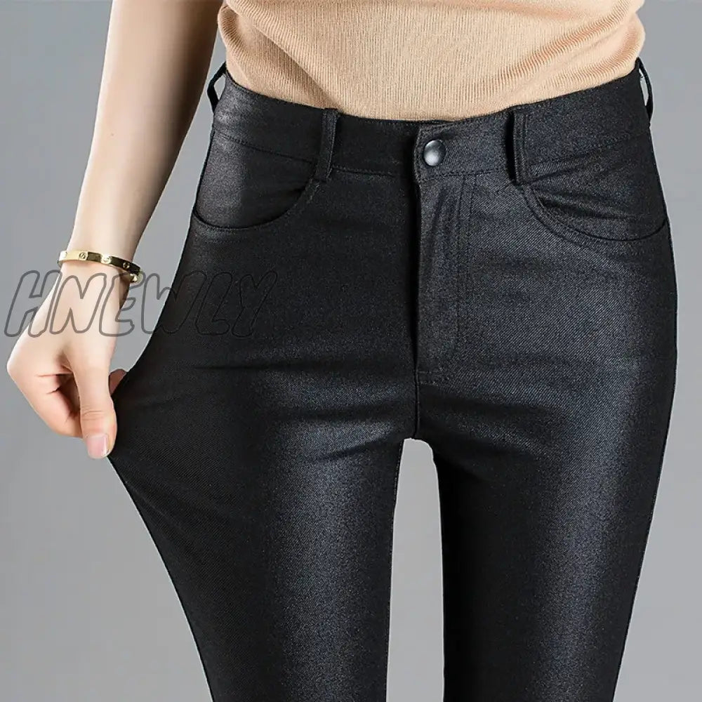 Hnewly Autumn Winter Warm Women’s Pants Female Pu Leather Velvet Trousers Elastic Pencil Skinny