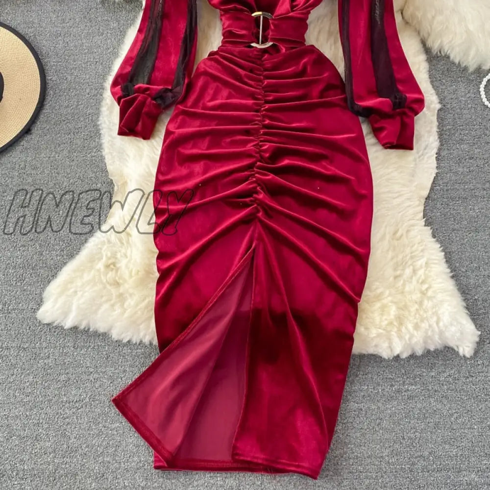 Hnewly Autumn Winter Women Black/Red Draped Bodycon Midi Dress Vintage V - Neck Mesh Patchwork Long