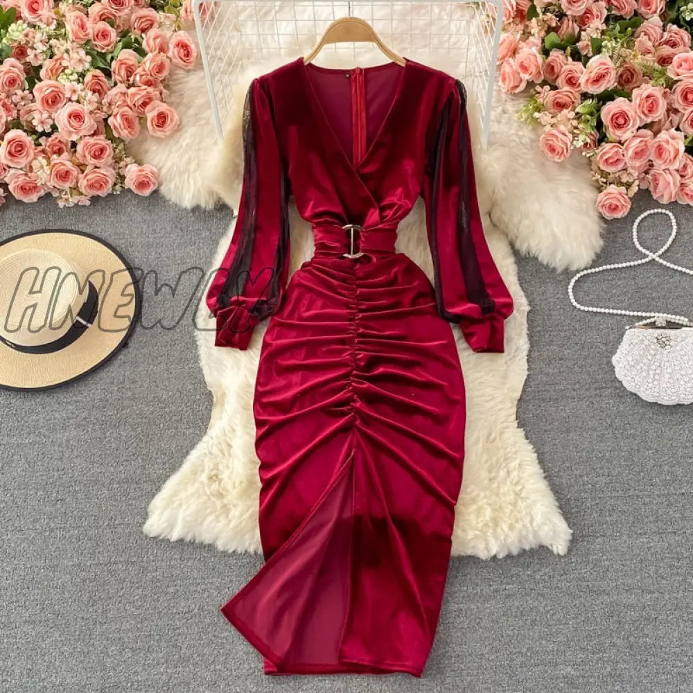 Hnewly Autumn Winter Women Black/Red Draped Bodycon Midi Dress Vintage V - Neck Mesh Patchwork Long