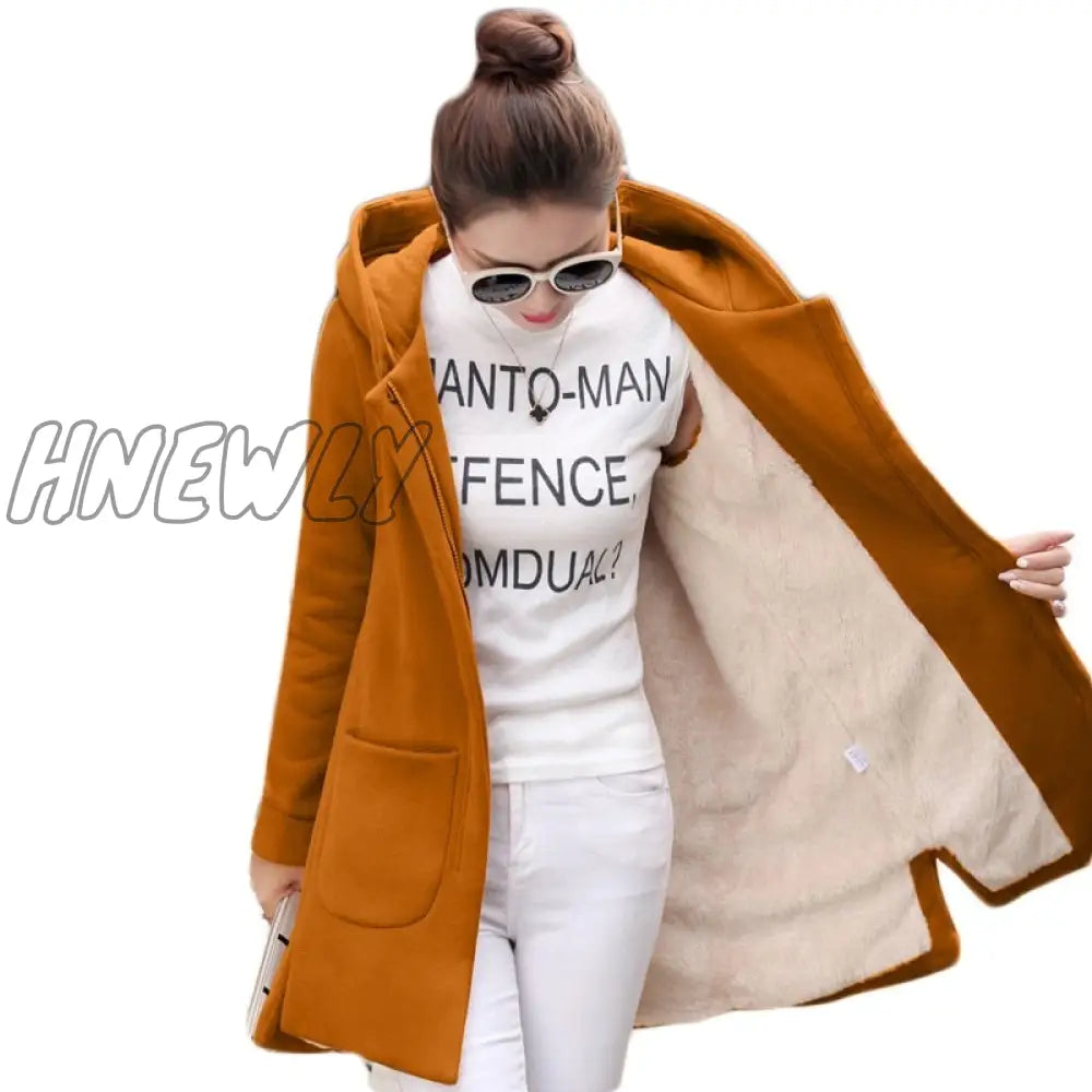 Hnewly Autumn Winter Women’s Fleece Jacket Coats Female Long Hooded Outerwear Warm Thick Red Slim