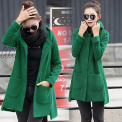 Hnewly Autumn Winter Women’s Fleece Jacket Coats Female Long Hooded Outerwear Warm Thick Red Slim