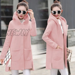 Hnewly Autumn Winter Women’s Fleece Jacket Coats Female Long Hooded Outerwear Warm Thick Red Slim