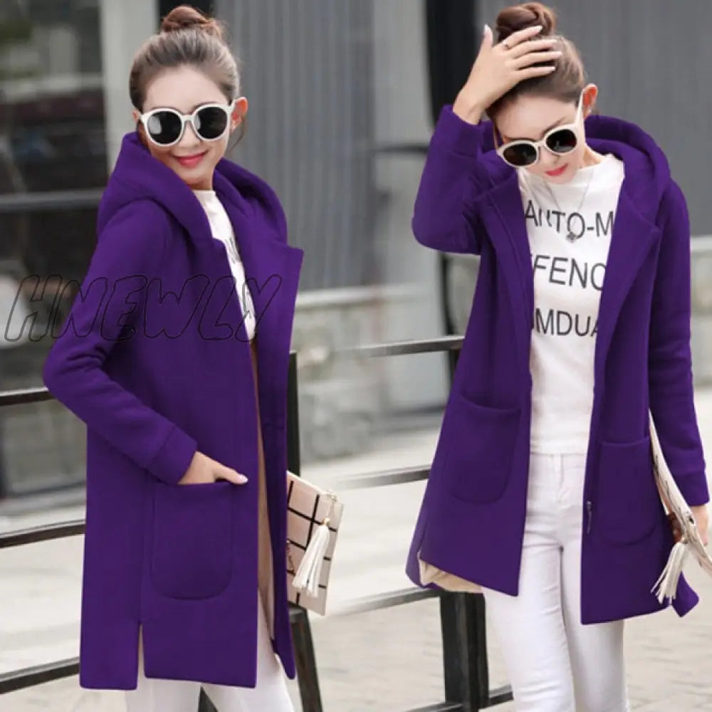 Hnewly Autumn Winter Women’s Fleece Jacket Coats Female Long Hooded Outerwear Warm Thick Red Slim