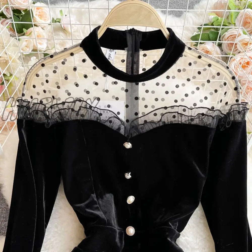 Hnewly Autumn Women Black Mesh Patchwork Velvet Party Dress Elegant Stand Collar Flare Long Sleeve