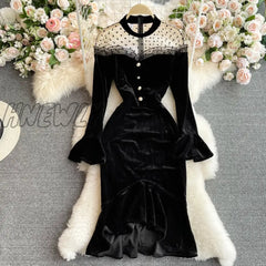 Hnewly Autumn Women Black Mesh Patchwork Velvet Party Dress Elegant Stand Collar Flare Long Sleeve