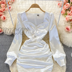 Hnewly Autumn Women Black/White Draped Satin Dress Sexy Square Collar Long Sleeve High Waist Party