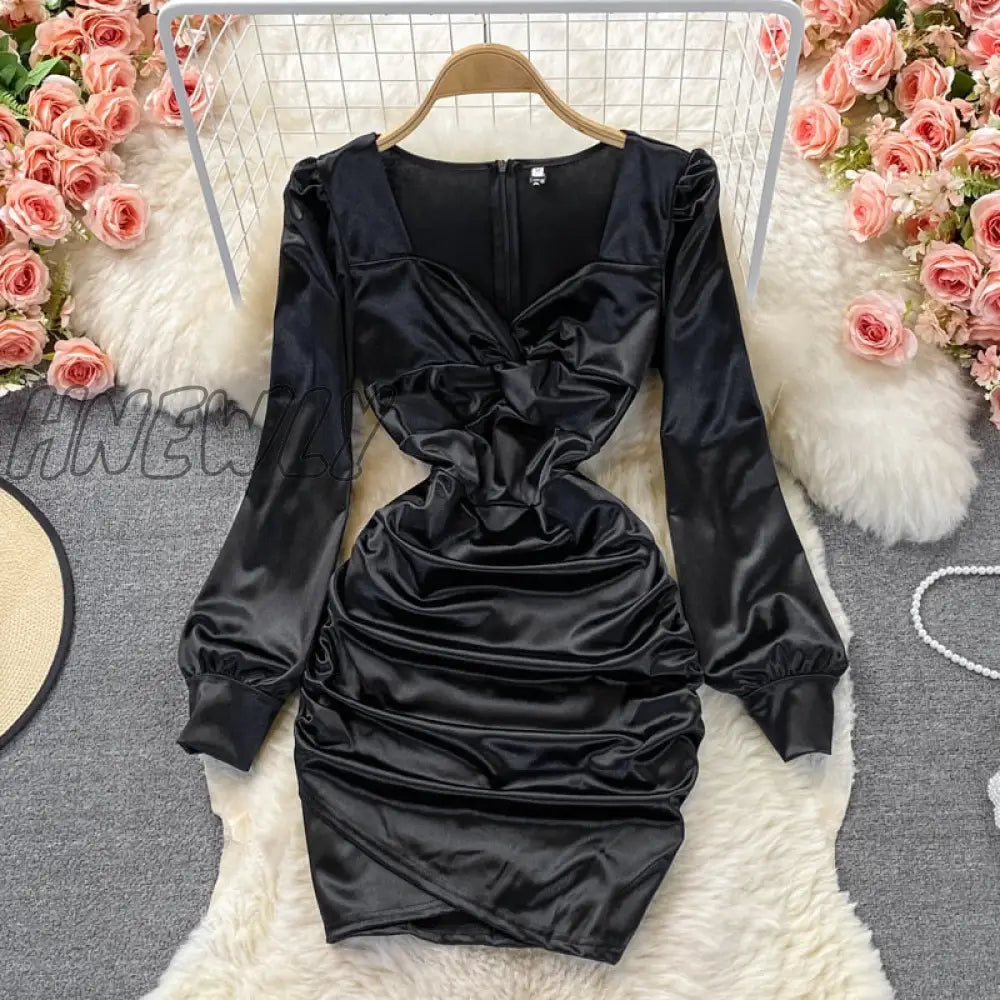 Hnewly Autumn Women Black/White Draped Satin Dress Sexy Square Collar Long Sleeve High Waist Party