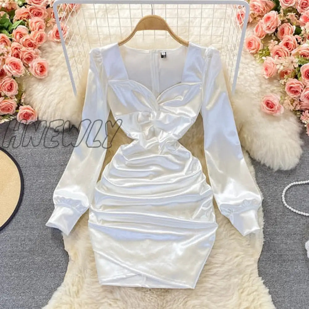 Hnewly Autumn Women Black/White Draped Satin Dress Sexy Square Collar Long Sleeve High Waist Party