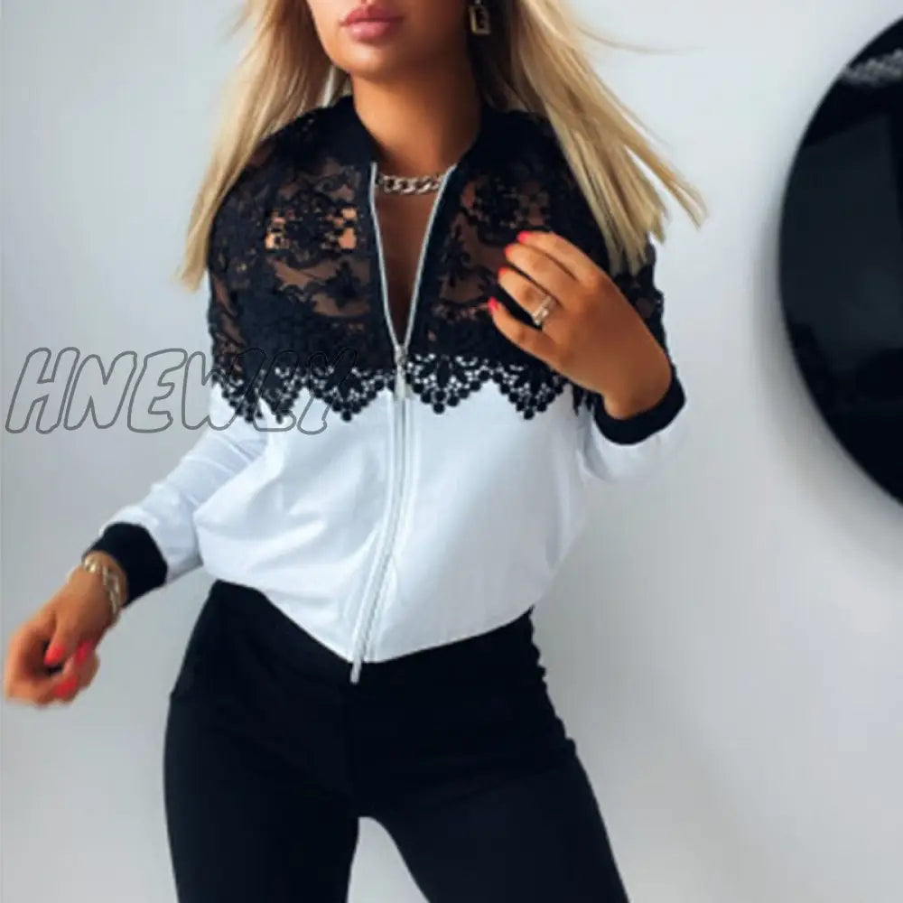 Hnewly Autumn Women Casual Colorblock Round Neck Jackets Night Out Sexy Tops Guipure Lace Zipper