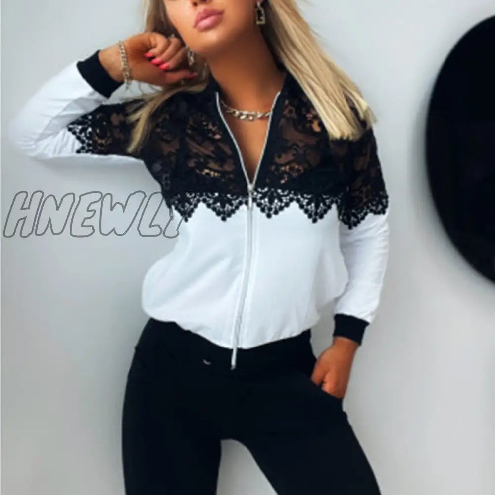 Hnewly Autumn Women Casual Colorblock Round Neck Jackets Night Out Sexy Tops Guipure Lace Zipper