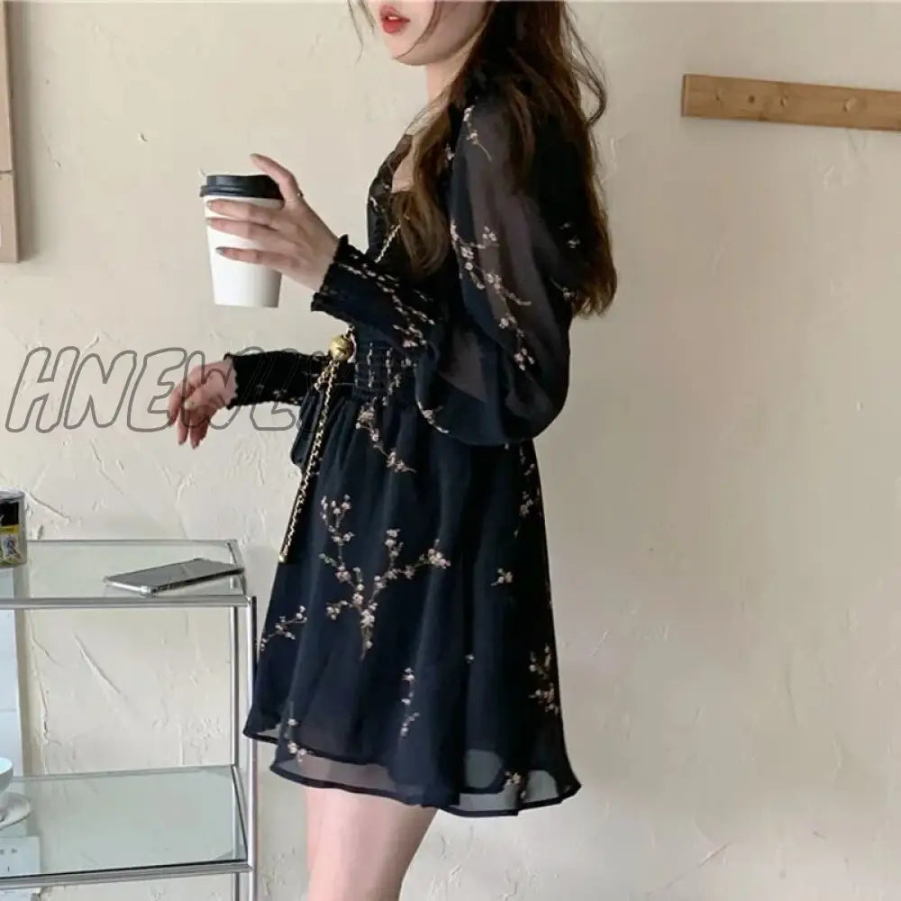 Hnewly Autumn Womens Sexy Black Dress Vintage Flower Long Puff Sleeve Chiffon Dresses Korean Casual