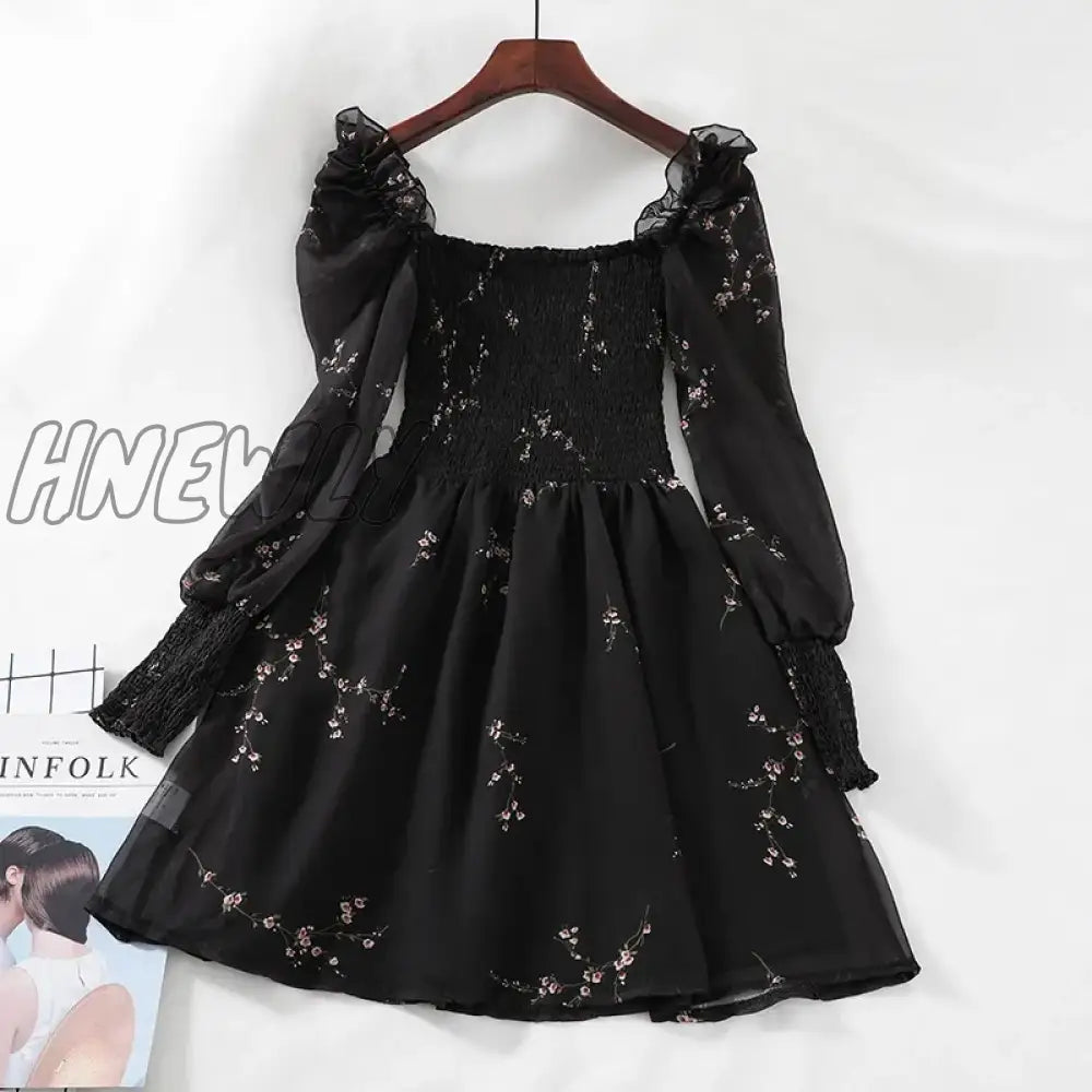 Hnewly Autumn Womens Sexy Black Dress Vintage Flower Long Puff Sleeve Chiffon Dresses Korean Casual