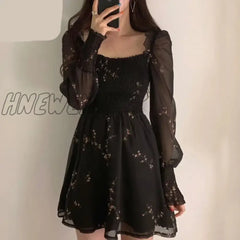 Hnewly Autumn Womens Sexy Black Dress Vintage Flower Long Puff Sleeve Chiffon Dresses Korean Casual