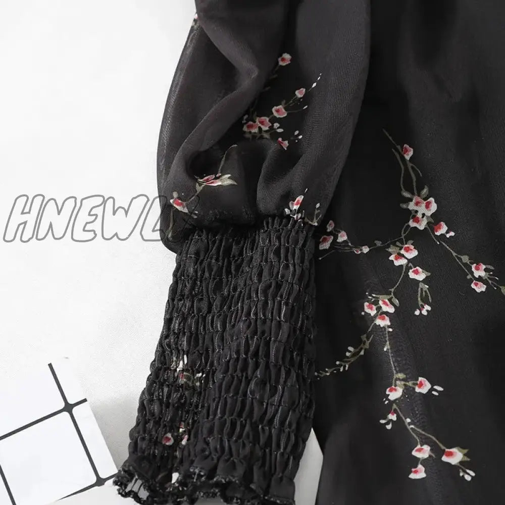 Hnewly Autumn Womens Sexy Black Dress Vintage Flower Long Puff Sleeve Chiffon Dresses Korean Casual