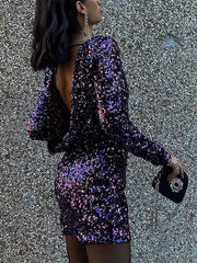 Hnewly Backless Mini Dress Women Purple Sequin Short Dresses Ladies Evening Fashion Long Sleeve